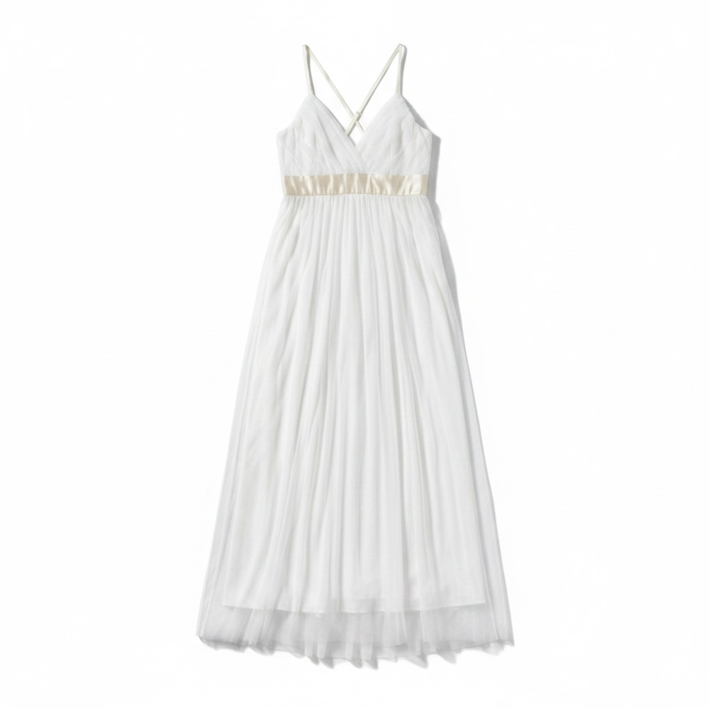 White Tulle Maxi Dress Small Stretch Bust Crisscross Strap